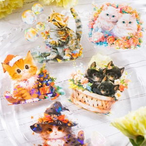 Cute kitten shell light stickers with colorful laser finish for DIY scrapbooking decor