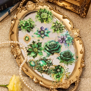 Autocollants PET vintage avec roses vertes et gemmes sur un plateau miroir décoratif
