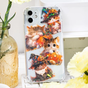 Transparent iPhone case featuring holographic Halloween cats with wizard hats and pumpkins