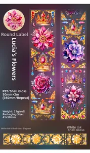 Detail of PET decorative tape featuring sparkling shell light gems and floral patterns