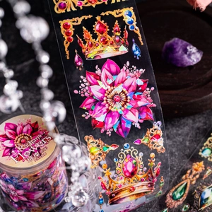 Radiant floral PET tape with seashell light finish featuring luxury crowns and jewels