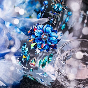 Blue floral PET tape with sparkling gem patterns for DIY scrapbooking and creative crafts