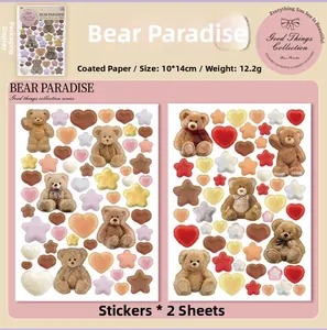 Detailed view of two 10x14cm teddy bear stickers with hearts and stars for DIY crafts