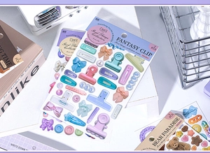 Detailed 3D embossed stickers featuring Bear Paradise and Fantasy Clip themes for DIY crafts