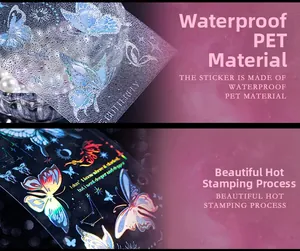 Detail of waterproof PET butterfly stickers with premium gold foil stamping finish