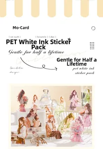 Detail showing PET stickers with white ink printing featuring soft girl illustrations