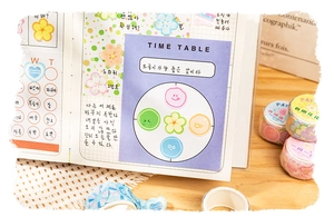 Detailed view of floral washi tapes and cute aesthetic stickers for DIY journaling
