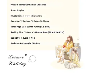 Detail view showing PET sticker set specifications with 30 pieces and girl illustrations
