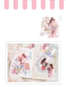 Detail of PET stickers featuring soft character portraits and pink floral motifs for journaling