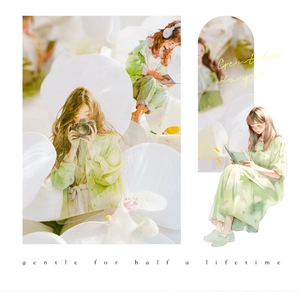 Macro detail of watercolor girl stickers featuring reading and photography illustrations