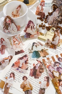 Detail of PET stickers featuring hand-drawn vintage girls and coffee culture themes
