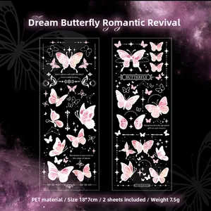 Detail of pink PET butterfly stickers with gold foil, 18x7cm size for DIY scrapbooking
