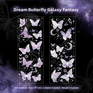 Detail of PET butterfly stickers with gold foil and celestial dream patterns for DIY