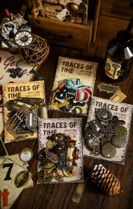 Detail showing vintage TRACES OF TIME stickers with rusted metal and antique plate motifs