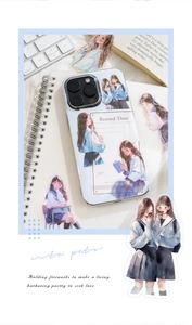 Detail of transparent iPhone case with Japanese watercolor schoolgirl illustrations on a notebook