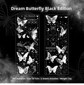 Detailed view of butterfly PET stickers with white ink and gold foil for journaling