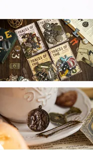 Detailed view of retro metallic style stickers and scrapbook materials on a vintage desk