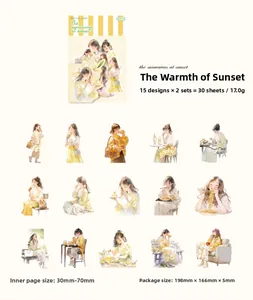 Detail view of 30pcs vintage warm yellow PET stickers with 15 unique character designs