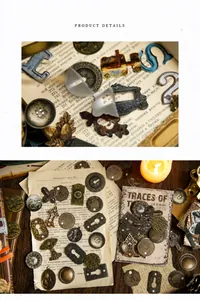 Detail shot of vintage style metal embellishments with gears and bronze accents