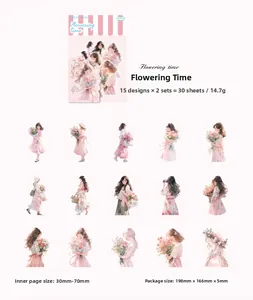 Detail of 30pcs floral girl PET stickers with watercolor character illustrations