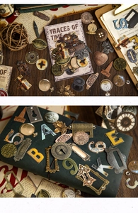 Detail of vintage industrial stickers featuring rusty metal textures and retro frames