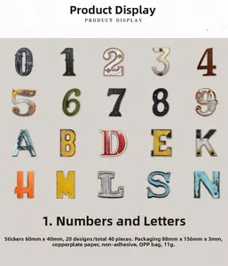 Macro view of 40-piece vintage industrial style number and letter sticker collection