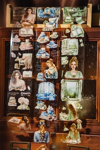 Close-up of decorative PET tapes with watercolor coffee and reading lifestyle illustrations