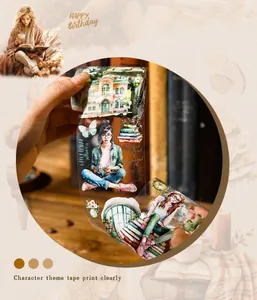 Detailed macro of coffee themed PET tape with vintage illustration on transparent background
