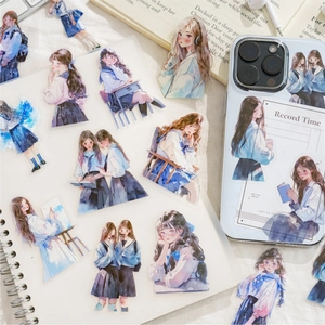 Gentle girl PET stickers for planners featuring anime figures in school uniforms and cozy scenes