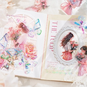 Aesthetic PET laser stickers featuring butterflies and girls for scrapbook decoration