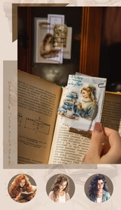 Detail showing hand-drawn washi tape with girls reading and relaxing on vintage book pages