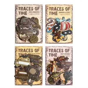 Vintage industrial style decorative stickers featuring metallic textures and old letterings