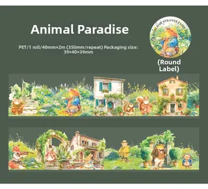 Detail of PET decorative tape with fairy tale animal illustrations and garden motifs