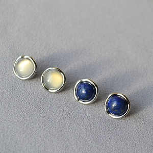 Minimalist Irregular Round Lapis Lazuli White Agate Stud Earrings For Women Platinum Plated Copper 925 Sterling Silver Earring Post
