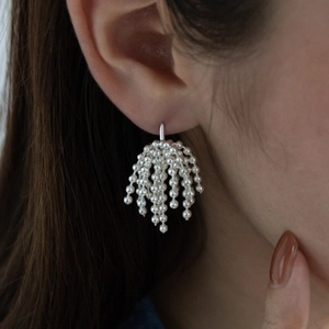 Silver beaded tassel floral earrings for women in a modern minimalist cluster design