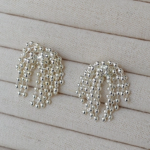 Elegant beaded tassel stud earrings in silver finish with fluid fringe design