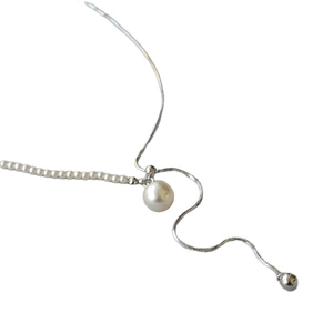 Minimalist adjustable pearl Y-necklace with silver snake chain and large pearl pendant