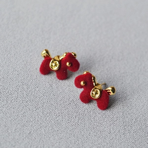 Red Flocking Dog Stud Earrings With 925 Sterling Silver Post Chinese Style Gold Coin Pattern Animal Jewelry For Women