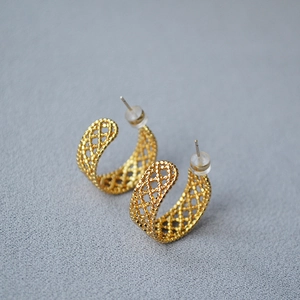 French vintage gold plated C-shaped hoop earrings with intricate hollow lace mesh texture