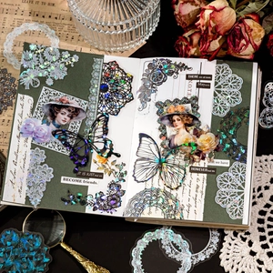 Adesivi PET Lace Overture con farfalle laser olografiche e motivi floreali vintage retrò