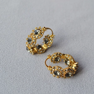 Vintage Luxury Copper Gold Plated Flower Hoop Earrings Smoky Grey Stone Rhinestone Dangle Jewelry For Women Party Gift