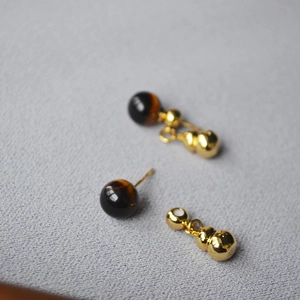 Chinese style tiger eye stone earrings with detachable golden gourd and 925 silver needles