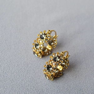 Vintage brass gold flower earrings with pavé smoke grey crystal rhinestones