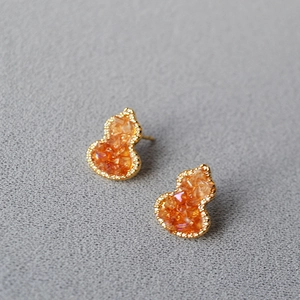 New Chinese Gourd Stud Earrings Orange Glass Crystal Rhinestone Inlaid Copper Gold Plated 925 Sterling Silver Earring Post Jewelry