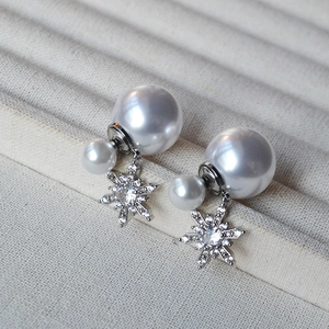 Elegant Copper Snowflake Double Artificial Pearl Stud Earrings With 925 Sterling Silver Earring Post Zirconia Inlaid Luxury Jewelry