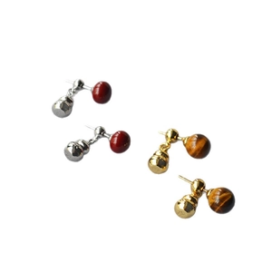 Silver and gold gourd earrings with tiger eye stone and red agate in Chinese style