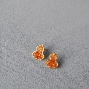Elegant 925 silver stud earrings with gradient orange crystal gourd and gold metal frame