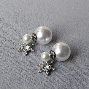 Elegant double pearl earrings with crystal snowflake fringe and silver tone finish