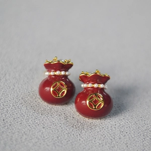 Chinese style red lucky bag stud earrings with mini pearls and brass gold finish