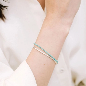Minimalist silver tennis bracelets set with turquoise and white zircon gemstones